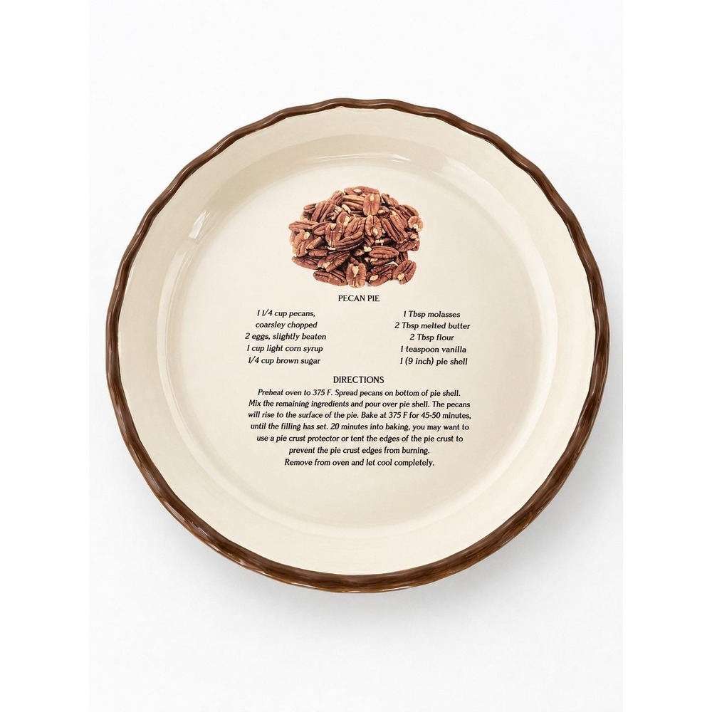 Pecan Pie Recipe Ceramic Pie Plate 10" Brown Scalloped Rim Baking Dish